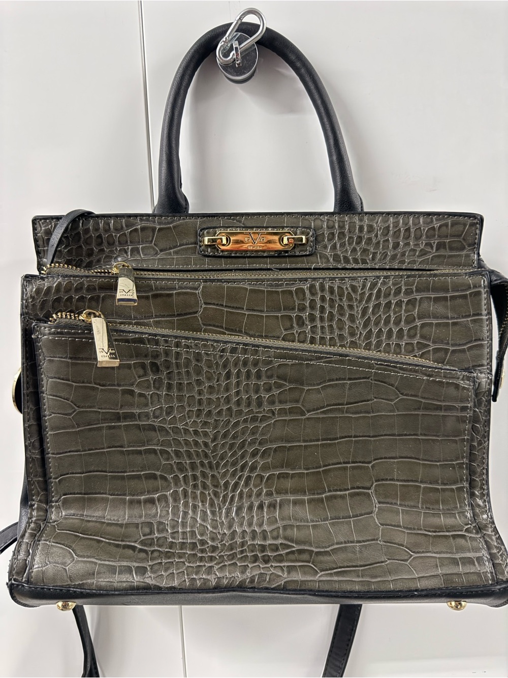 Versace 1969 Elegant Olive Green Crocodile-Embossed Women's Bag. Flat Black Back